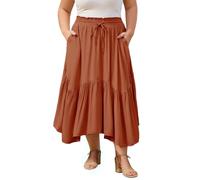 Moon Wood Langer Rock Damen Elegant Sommer Maxirock Stretch Hohe Taille Plissee Rock Lang mit Taschen Große Größen Orange XXL