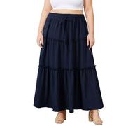 Moon Wood Maxirock Damen Lang Basic Stretch Hohe Taille Sommer Langer Rock mit Ruffled Tiered, Strandrock und Freizeitrock mit Taschen, Große Größen,Marineblau,4XL