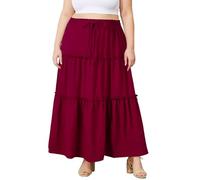 Moon Wood Maxirock Damen Lang Basic Stretch Hohe Taille Sommer Rock Langer mit Ruffled Tiered, Strandrock und Freizeitrock mit Taschen, Große Größen,Weinrot,3XL