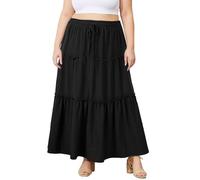 Moon Wood Maxirock Damen Lang Stretch Hohe Taille Sommerrock Langer Rock mit Ruffled Tiered, Basic Sommer Maxi Skirt mit Taschen, Große Größen, Schwarz, 4XL