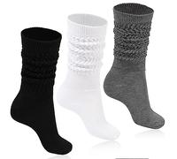 Moon Wood Slouch Socken Damen Kniestrümpfe 3 Paare Extra lange Baumwolle stricken Knie hoch dick Scrunch Socken Schuhgröße 39-44 Schwarz/Weiß/Grau