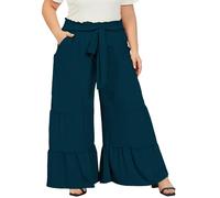 Moon Wood Sommerhose Damen Leicht Weite Palazzo Hose Hohe Taille Stoffhosen mit Taschen Große Größen Blau 5XL