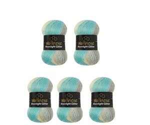 Moonlight Glitter Batik Simli 5 x 100g Strickwolle 500 Gramm Wolle zum Stricken und Häkeln 20% Wolle Metallic-Wolle türkische Wolle Farbverlaufswolle Glitzerwolle (4050 türkis grau beige)