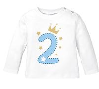 MoonWorks® Baby Langarm-Shirt 1. Geburtstag Zahl 1 BZW. 2 mit Krone Sternen Geburtstagsshirt Bio-Baumwolle 2 weiß/blau 92/98 (16-24-Monate)