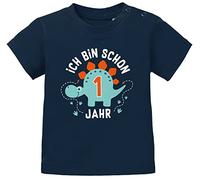 MoonWorks® Baby T-Shirt 1. Geburtstag Spruch Ich Bin Schon 1 Jahr Dinosaurier Dino Geburtstagsshirt Kurzarm Bio-Baumwolle Navy 92/98 (16-24-Monate)