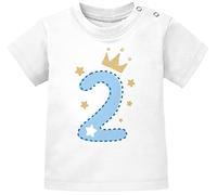 MoonWorks® Baby T-Shirt 1. Geburtstag, Zahl 1 BZW. 2 mit Krone und Sternen Geburtstagsshirt Kurzarm Bio-Baumwolle 2 weiß/blau 92/98 (16-24-Monate)