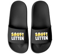 MoonWorks® Badeschlappen Lustig Badelatschen mit Spruch SAUFI LETTEN - Party, Urlaub Malle Festival JGA Gadget - Sommer Pantoletten Herren Unisex Schwarz-schwarz 41