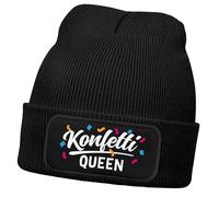 MoonWorks® Damen Strickmütze - Konfetti Queen - Spruch Karneval Fasching Aufdruck Lustig - Beanie mit bedrucktem Patch - Damenmütze Schwarz Unisize