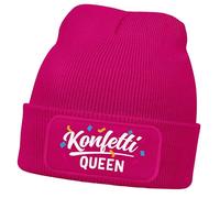 MoonWorks® Damen Strickmütze - Konfetti Queen - Spruch Karneval Fasching Aufdruck Lustig - Beanie mit bedrucktem Patch - Damenmütze Pink Unisize