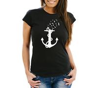 MoonWorks® Damen T-Shirt Anker-Motiv Vögel Print Aufdruck Maritim Nordisch Bedruckt Schwarz XL