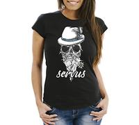 MoonWorks® Damen T-Shirt Aufdruck Totenkopf Filzhut Bayern Skull Blume Servus Schriftzug Fun-Shirt Frauen Schwarz S