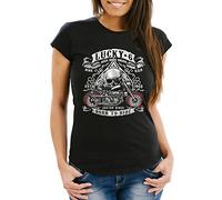 MoonWorks Damen T-Shirt - Biker T-Shirt Lucky 6 Totenkopf Pik Mottorrad Shopper USA Live to Ride - Comfort Fit schwarz XS