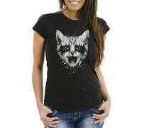 MoonWorks® Damen T-Shirt Black Metal Cat Katzenmotiv Rock Heavy Pussy Cat Slim Fit Schwarz 3XL
