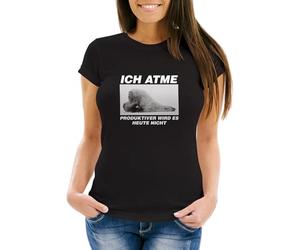 MoonWorks® Damen T-Shirt Ich atme Produktiver Wird es Heute Nicht Eisbär Fun-Shirt Spruch Tiermotiv Fotoprint Lustig Schwarz S