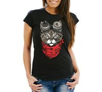 MoonWorks Damen T-Shirt Katze Cat Steampunk Slim Fit Schwarz L