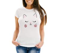 MoonWorks Damen T-Shirt Katze Katzengesicht Cat Tiergesichter Slim Fit Weiss S