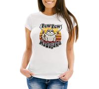 MoonWorks® Damen T-Shirt Pew Pew Madafaka Katze Crazy Cat Gangsta Kitty Meme Trend Spruch Slim Fit Weiss L