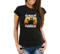 MoonWorks® Damen T-Shirt Pew Pew Madafakas Katze Western Cat Meme Slim Fit schwarz L