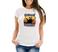 MoonWorks® Damen T-Shirt Pew Pew Madafakas Katze Western Cat Meme Slim Fit Weiss M