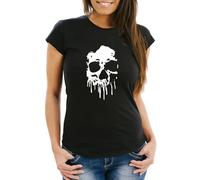 MoonWorks® Damen T-Shirt Print Totenkopf Skull Blood Blut Paint Badge Fun-Shirt Slim Fit Schwarz XXL