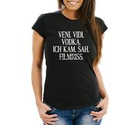 MoonWorks® Damen T-Shirt Spruch Veni Vidi Vodka ich kam SAH Filmriss Fun-Shirt Party Festival Techno Rave Oberteil Slim Fit schwarz XL