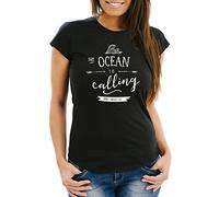 MoonWorks Damen T-Shirt The Ocean is Calling and ja Must go Sailing Surfing Meer Ozean Slim Fit Schwarz 3XL