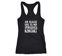 MoonWorks Damen Tanktop Zur Realität Habe ich nur sporadisch Kontakt Spruch Sprüche Quote Fun Racerback schwarz L