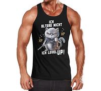 MoonWorks® Herren Tanktop Gaming ich altere Nicht ich Level up! Zocker Sprüche Fun-Shirt Katze Cat Videospiele lustig schwarz XL