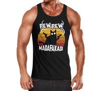 MoonWorks® Herren Tanktop Pew Pew Madafakas Katze Western Cat Meme Fun-Shirt Spruch Achselshirt Schwarz XL