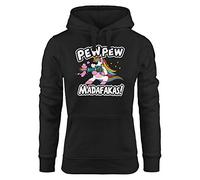 MoonWorks® Kapuzen-Pullover Damen Pew Pew Madafakas böses Einhorn Regenbogen Unicorn Hoodie schwarz M
