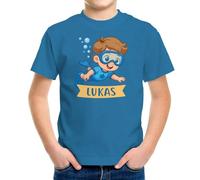 MoonWorks® Kinder T-Shirt Jungen Tauchen personalisiert mit Name Schwimmen Schnorcheln Shirt für kleine Wasserfans Ozean-blau 98-104 (3-4 Jahre)
