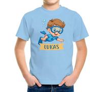 MoonWorks® Kinder T-Shirt Jungen Tauchen personalisiert mit Name Schwimmen Schnorcheln Shirt für kleine Wasserfans Hellblau 122-128 (7-8 Jahre)