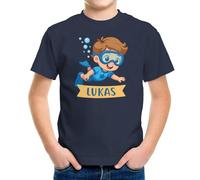 MoonWorks® Kinder T-Shirt Jungen Tauchen personalisiert mit Name Schwimmen Schnorcheln Shirt für kleine Wasserfans Navy 122-128 (7-8 Jahre)