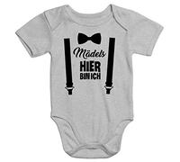 MoonWorks® Kurzarm Baby-Body mit Aufdruck Mädels hier bin ich lustig Spruch Strampler Bio-Baumwolle Grau 3-6 Monate