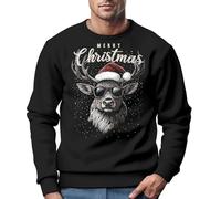 MoonWorks® Sweatshirt Herren Weihnachtspullover Rentier Hirsch mit Weihnachtsmütze Schriftzug Merry Christmas Xmas schwarz M
