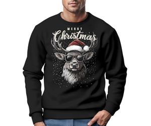 MoonWorks® Sweatshirt Herren Weihnachtspullover Rentier Hirsch mit Weihnachtsmütze Schriftzug Merry Christmas Xmas Schwarz XL