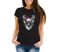 MoonWorks® Weihnachtsshirt Damen Hirsch Rentier T-Shirt Weihnachten Lustig Weihnachtsoutfit Frauen Schwarz XS