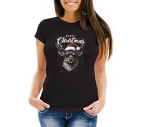 MoonWorks® Weihnachtsshirt Damen Merry Christmas Rentier Elch T-Shirt Weihnachten Lustig Weihnachtsoutfit Frauen schwarz XS