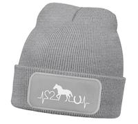 MoonWorks® Wintermütze Kinder Beanie für Mädchen Reiten Herzschlag Pferd mit Patch Aufdruck Print Strickmütze Grau Unisize