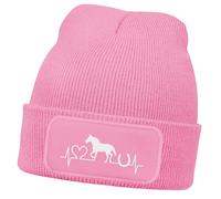 MoonWorks® Wintermütze Kinder Beanie für Mädchen Reiten Herzschlag Pferd mit Patch Aufdruck Print Strickmütze Rosa-Weiss Unisize