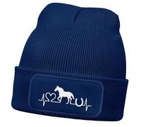 MoonWorks® Wintermütze Kinder Beanie für Mädchen Reiten Herzschlag Pferd mit Patch Aufdruck Print Strickmütze Navy-Weiss Unisize