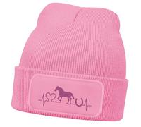 MoonWorks® Wintermütze Kinder Beanie für Mädchen Reiten Herzschlag Pferd mit Patch Aufdruck Print Strickmütze Rosa-pink Unisize