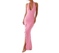 Morbuy Abendkleid Damen Lang, Halterkleid Elegantes Abendkleider Ärmelloses Cocktailkleid Damen Kleider Ballkleid Partykleid Prom Dress Hoher Schlitz mit Rüsche für Hochzeit Party S-L (Rosa,S)