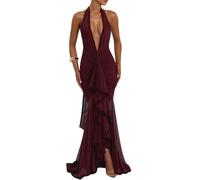 Morbuy Abendkleid Damen Lang, Halterkleid Elegantes Abendkleider Ärmelloses Cocktailkleid Damen Kleider Ballkleid Partykleid Prom Dress mit Hoher Schlitz für Hochzeit Party S-L (Burgunderrot,L)
