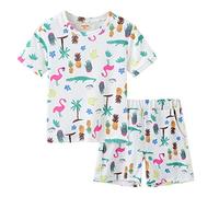 Morbuy Kind Jungen Mädchen Zweiteiliger Schlafanzug Kurzarm Rundhals Pyjamas Sets, Cartoon Drucken Sanft Baumwolle Sommer Kurze Hose Nachtwäsche (Flamingo,130cm)