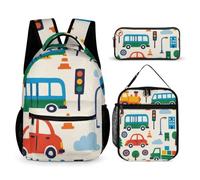 Morbuy Schulrucksack Jungen Mädchen Set 3 Teilig (Beigefarbene Fahrzeuge)