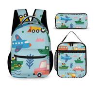 Morbuy Schulrucksack Jungen Mädchen Set 3 Teilig (Blaue Fahrzeuge)