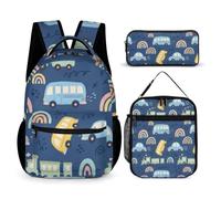 Morbuy Schulrucksack Jungen Mädchen Set 3 Teilig (Marineblaue Fahrzeuge)