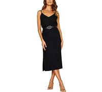 Morbuy Sommerkleid Einfarbig Leinen Kleider Damen Ärmelloses V-Ausschnitt Spaghetti Strap Casual Taste Strandkleider Sexy Midi Kleid Große Größe Partykleid mit Schlitz (M,Schwarz)