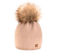 morefaz Wurm Winter Strickmütze Mütze Damen Kristalle Kiesel mit Große Bommel Pompon l SKI (Beige) (MFAZ Ltd)